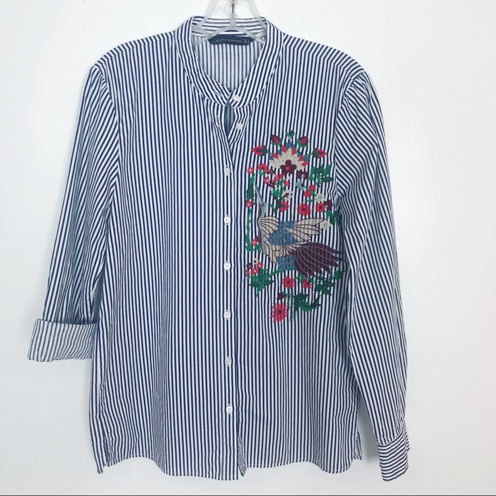 Sz M Zara Woman cotton striped embroidery blouse